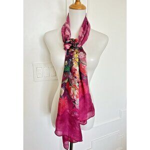 Women's Floral Silk Scarf Pink 20"W x 65"L Elegant Dressy Garden Flowers